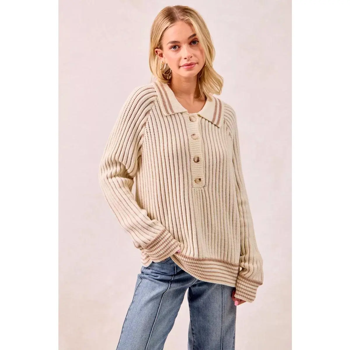 BiBi Half Button Ribbed Two Tone Sweater