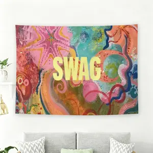 Yellow SWAG Typography on Abstract Colorful Art Wall Flag, Vibrant Y2K Aesthetic Tapestry, Funky Room Decor, Tapestry Wall Hanging