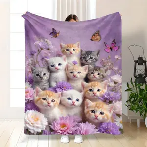1 Adorable Kitten-Themed Flannel Blanket |     Cozy All-Season Bedding With Purple Floral & Butterfly Accents |     Ideal For Napping, Camping, Travel |     Perfect Gift For Cat Lovers, Blanket For Bed 280Gsm