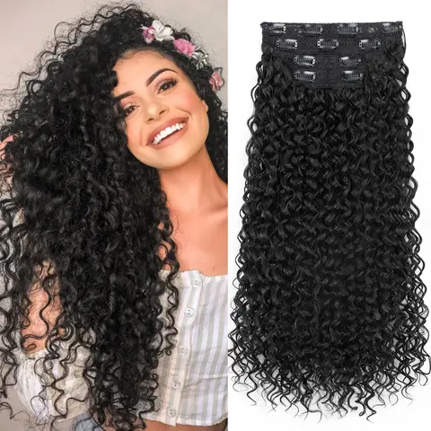 Women's Synthetic Clip-In Hair Extensions - 4Pcs Glueless Water Curly, 20 in, Invisible Lace Weft & Hairline, Bounce-Enhanced Wavy Hair for Length & Volume, Black for Daily Use (Clip-In Curly Wig Synthetic Extensions & Pieces)