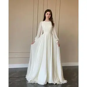 Lantern Sleeve Pearlescent Dress White Wedding Dress Crew Neck Dress Long Sleeve Dress