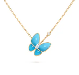 Pre-owned Van Cleef & Arpels Two Butterfly pendant，18K yellow gold, Dia，Turquoise
