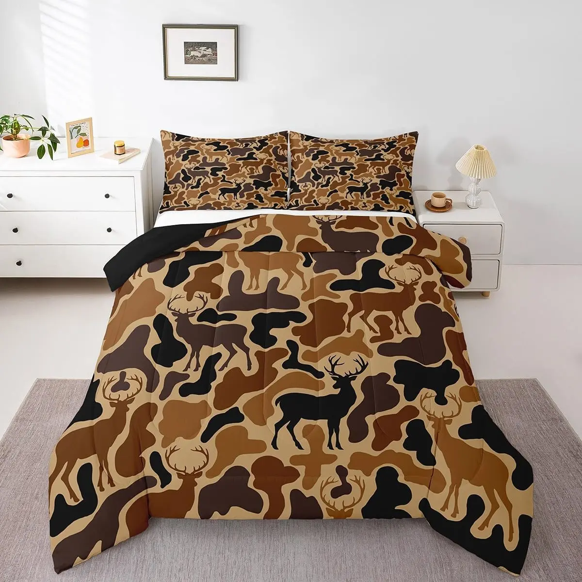 Feelyou Kids Camo Deer Bedding Set - Multi-Size Breathable Soft Microfiber Duvet Quilt Comforter with Brown Antlers, Travel-Friendly Dorm Room Plush Bedding, Western Farmhouse Bedroom Decor for Teens; Set Includes Breathable Soft Blanket