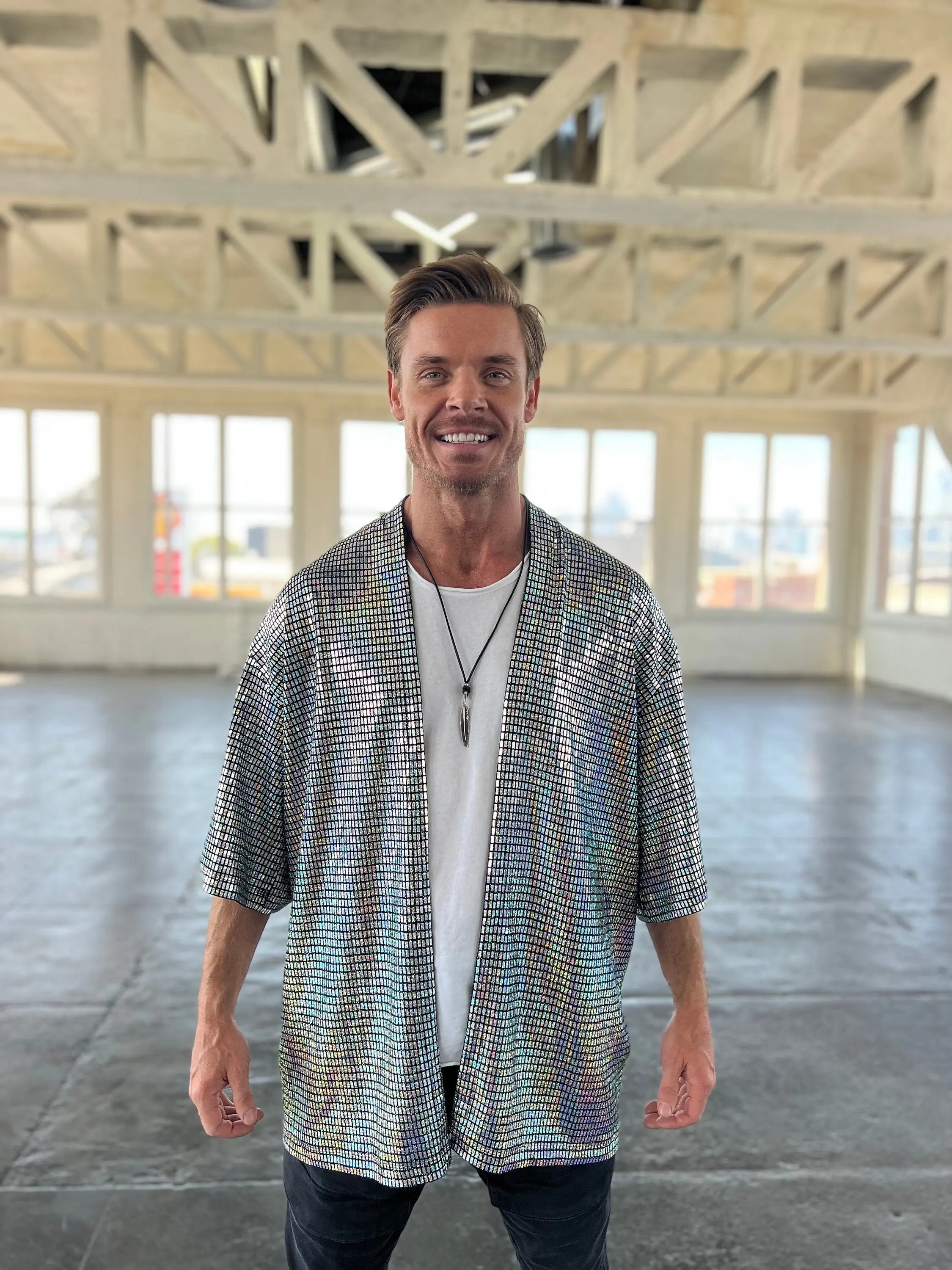 Disco Ball Silver Mens Kimono Iridescent Holographic Festival Clothing Shiny Jacket Burning Man Silk Robe Rave Outfit Shirt