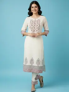 Cotton Flex Kurti Pant Set Round Neck 3/4th Sleeve Below Knee Length Everyday Wear Ethnic Kurta for Women