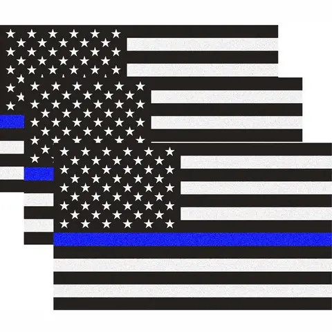 3pc Reflective Self-Adhesive American Flag Decal Car Stickers - 5in Wide, 3in High, Water Resistant Patriotic Vinyl Wrap Automotive Exterior Accessories, Thin Blue Line Law Enforcement Tribute, Night Visibility, Easy-to-Apply for Bumpers/Windshields, Bump