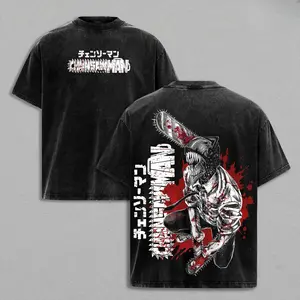 Unisex Oversized Chainsaw Man Denji Graphic T-Shirt - Short Sleeve Tee, Double-Sided Blood Splatter Print, Washed Vintage Aesthetic, Love-Infused Street Style, Cargo-Inspired Badge Detail, Casual Men's Tops for Anime Fans
