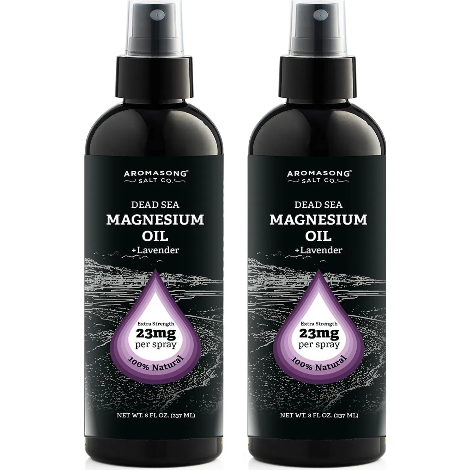 AROMASONG Lavender Pure Magnesium Oil Spray - Extra Strength 2-Pack (8oz Each, 23mg per Spritz), Clinically Tested Body Care, Calming, Soothing, Moisture-Rich Hydrating Body & Massage Oil for Adults, Made in USA
