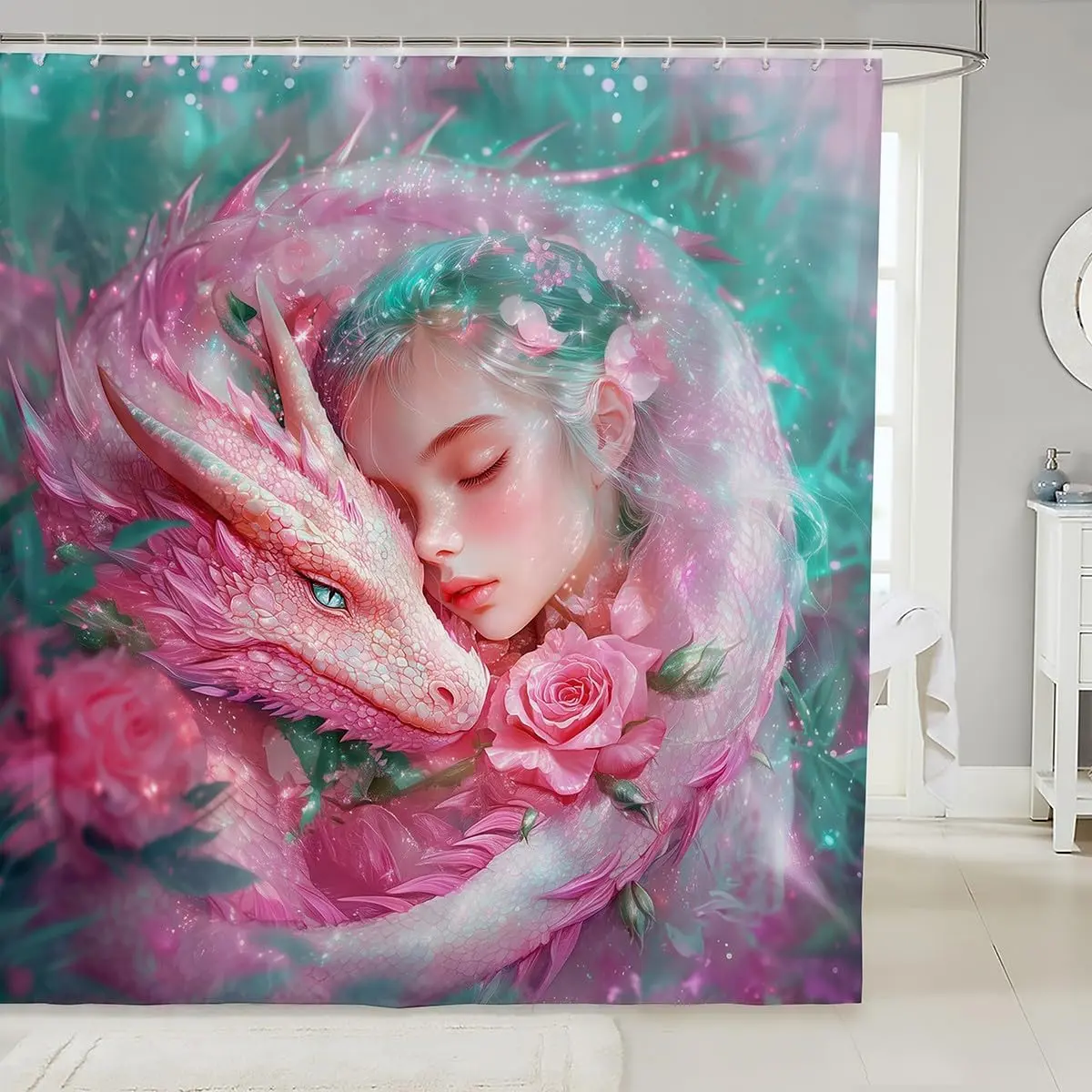 Pink Dragon Shower Curtains,Rose Flowers Star Romantic Bathroom Curtains Women,Tale Princess Western Dragon Dreamy Fashion Waterproof Curtains