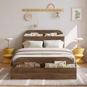 Garvee Wooden Bed Frames with Storage Headboards, Raised Footboards, Low Platform Design, Sturdy Slat Support, Noise-Free, No Box Spring Needed, Available in Multiple Sizes