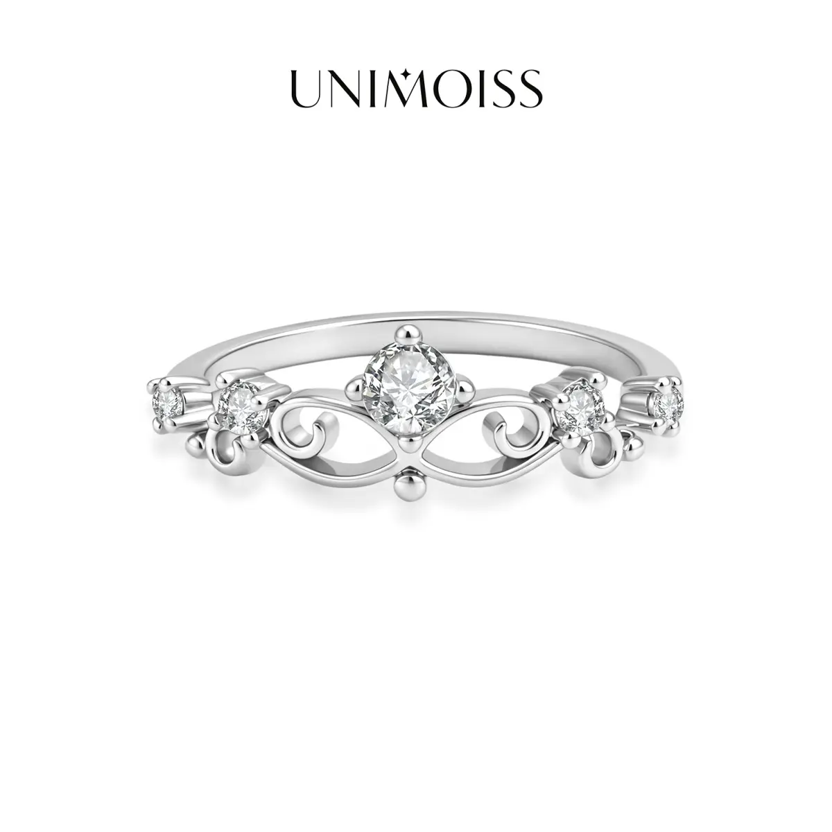 UniMoiss Moissanite Vintage Crown Eternity Ring, Silver-Plated Costume Jewelry for Wedding Engagement, Daily Wear & Gifting Occasions
