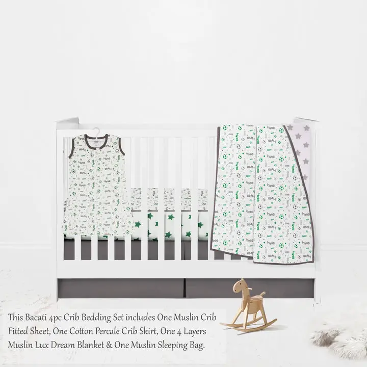 Bacati Soccer Muslin 4 Piece Crib Bedding Set with Sleeping Bag -Green/Gray