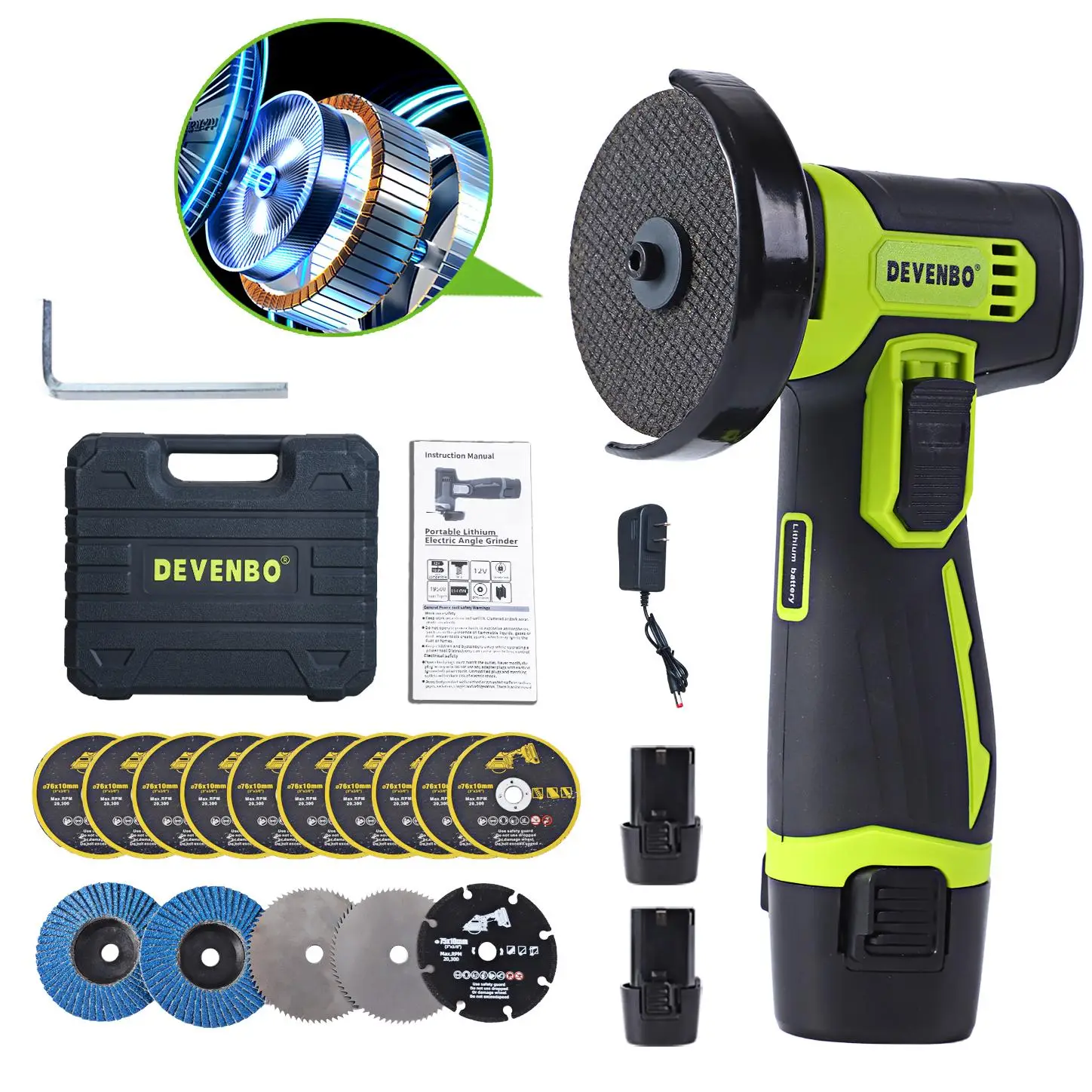 12V Mini Angle Grinder, 1 Set with 2 rechargeable batteries and 10 replacement grinding blades to meet the cutting and grinding needs of various mater
