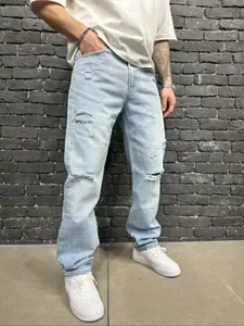 Men's Button Fly Straight Leg Relaxed Fit Jeans, Light Wash, Casual Fashion Comfy Pocket Denim Pants for Daily Wear, Comfortable Ripped Holes Jeans, Vintage Clothing, Cotton, Menswear, Streetwear, Relaxed Jeans