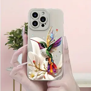 Creative-Summer Fresh Crystal Brilliance Hummingbird Flying-UV Print Suitable for iPhone 16/15/14/12/11 XS XR X 7 8 Plus Pro Max - White TPU Soft Case, Gift Choice, Provides Shockproof Protection Birthday Present, Easter, Holiday, for Friends, Family, Gir