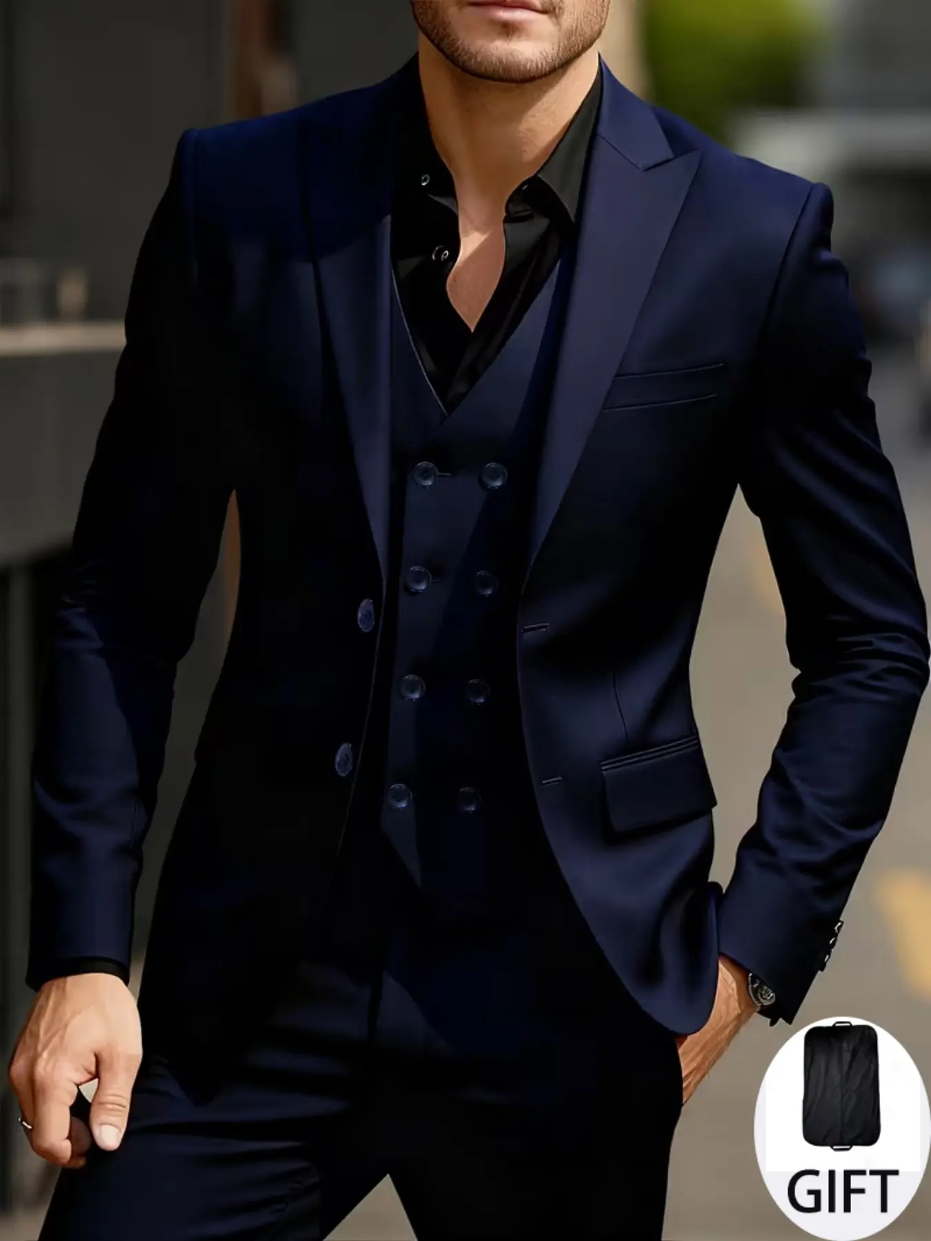 Men's 3-Piece Suit Set, Notch Lapel Dress Jacket, Double Breasted Vest, Wedding Party Formal Wear, Business Attire Clothes, Christmas Gift, Includes Dust Bag