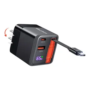 65W Retractable USB C Charger Block, PD PPS Fast Charging Wall Charger with Retractable Type-C Cable and Dual Port, Portable GaN3 with Foldable Plug for MacBook, iPhone 16, iPad, Galaxy, Pixel