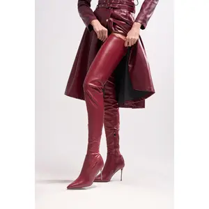 AZALEA WANG MILANDRA BURGUNDY STRETCH PU THIGH HIGH BOOT