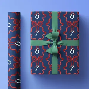 [Blackk Friday Sale]Funny 67 Meme Christmas Wrapping Paper Roll, Gift Wrap for Holidays with Blue Background and Cottagecore Bows, 6-7 Design luxury xmas decor wrap paper