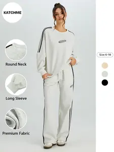 Women's Sports Crew Neck Bold Stripe Letter Print Sweatshirt & Wide Leg Trousers Co-ord, Versatile Loose Tracksuit, Minimalist Comfort Two Piece Outfits, Sports Activewear Set