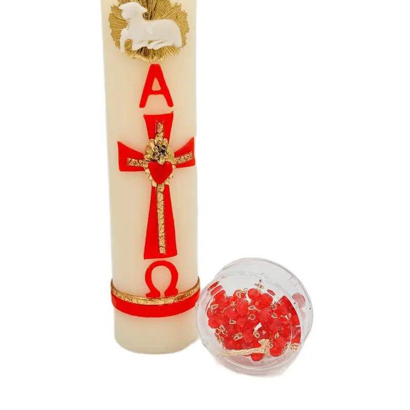 Cirio Pascual Easter Elegance Wax Candle - 5in x 2in, Decorative Ornaments & Red Beads, Home Decor Accent