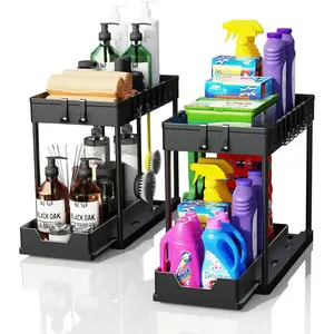 2 Pack Under Sink Organizers and Storage, 2-Tier Sliding Cabinet Rack Basket Organizer with Hooks, Under Sink Organizers and Storage