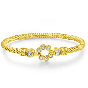 Mytys Elegant Two-Tone Zircon Flower Bracelet for Women Layered Jewelry with Hook Clasp Stretch Bangle Gift Trendy Copper Jewellery Accessories Dainty