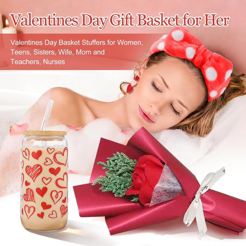 Valentines Day Gifts for Her Basket - 11Pcs Valentines Basket for Women, Red Gifts Box with 20 oz Tumbler with Lid, Rose & Red Heart Keychain for Mom Teacher Wife Daughter Teen Girls Girlfriend