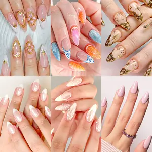 144 Pcs (6 Packs) Ashowner Nude Pink French Press On Nails | Mix & Match 6 Styles | With 3D Flowers, Butterflies & Gold Accents | Reusable Jelly Glue | Coffin & Almond | Versatile Neutral & Glam Designs | 12 Sizes
