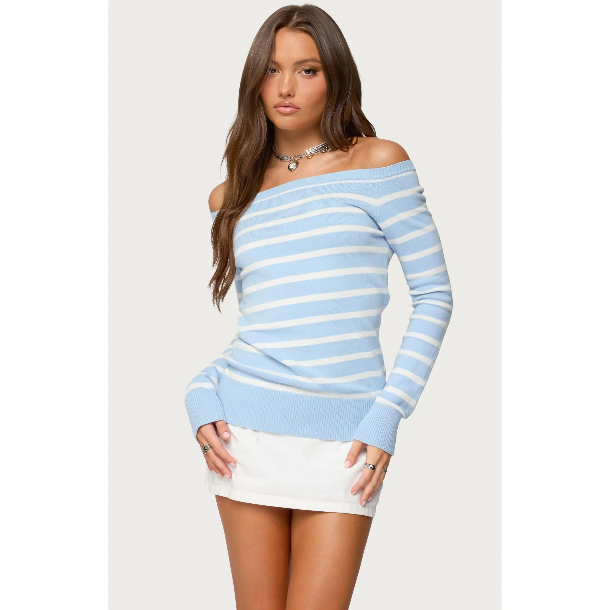 Edikted Women's Lori Striped Off Shoulder Sweater