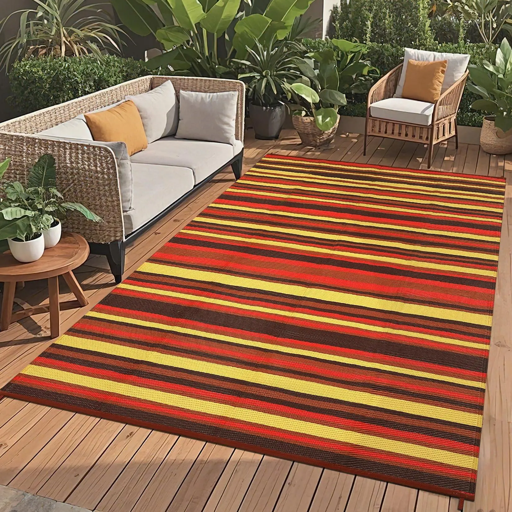Garvee 9x12 Outdoor Rug Modern Geometric Reversible Plastic Straw Outdoor Rugs Colorful Striped Indoor Outdoor Carpet UV Resistant Stain Large Rug for Balcony Deck Beach, Purple Red Orange Yellow