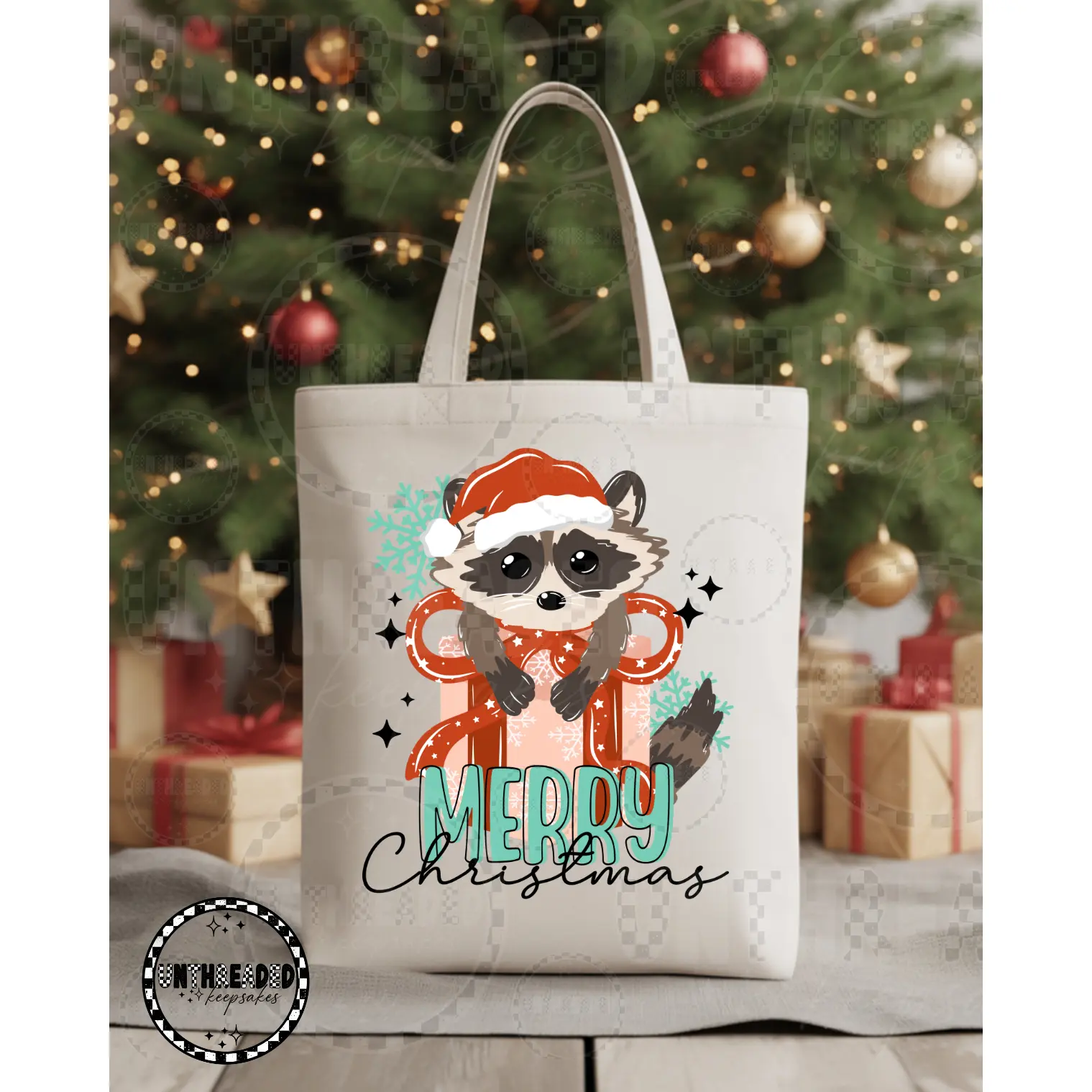 Merry Christmas Raccoon Canvas Tote Bag