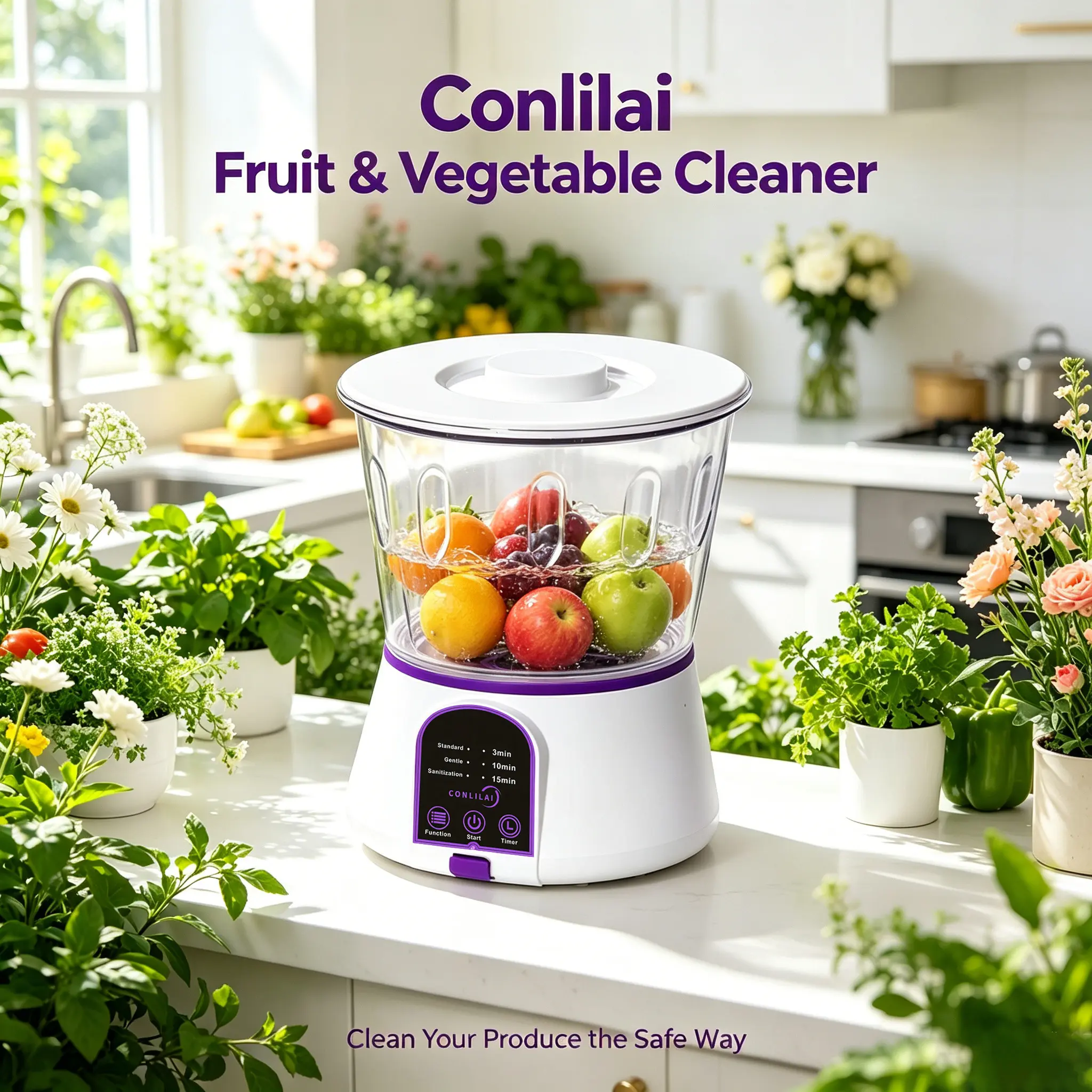 Conlilai Fruit & Vegetable Cleaner 2.5L Ultrasonic Food Purifier for Kitchen 360° Deep Cleaning BPA-Free USB Rechargeable Gadget