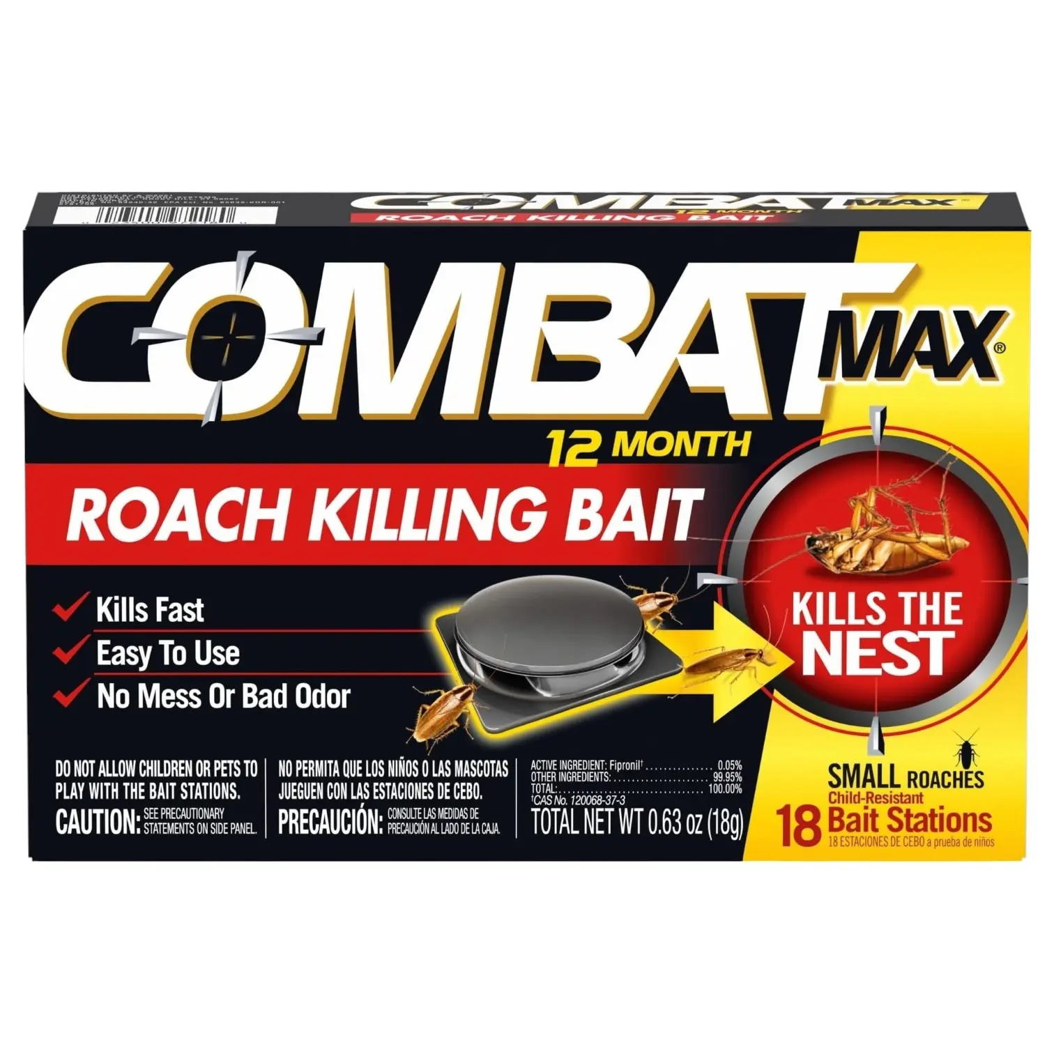 18 Count Roach Bait Stations with Fipronil, Fast-Acting Cockroach Killer, Child-Resistant Design, Up to 12 Months Protection for Indoor Roach Control
