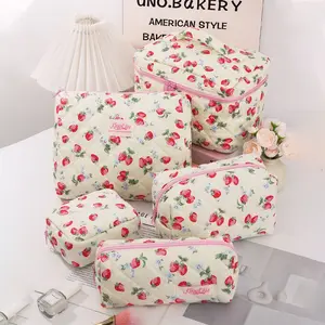 New 5-Piece Cute Strawberry Makeup Bag Set, Portable Travel Cosmetic Organizer, Large Capacity Floral Design, Perfect Gift for Women Back-to-school season