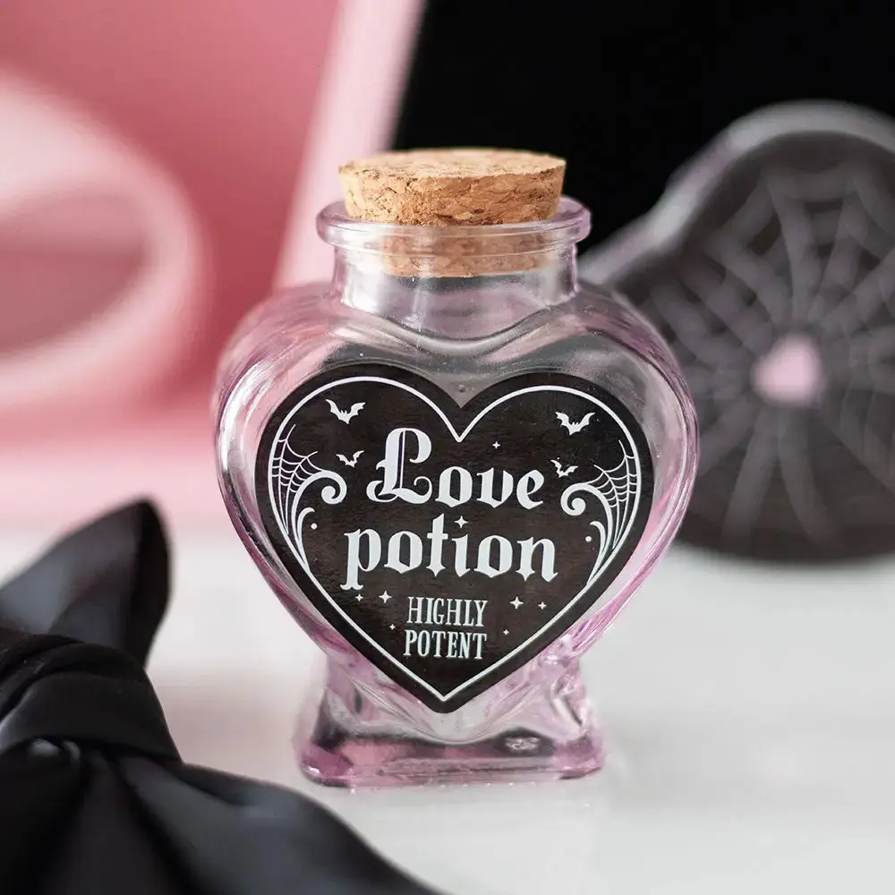 Gothic Romantic Pink & Black Glass Heart Decorative Storage Bottle Canister - Love Potion Design Home Organizer, Ideal Gift for Gothic Enthusiasts, No Excess Clutter Solution, Home Supplies