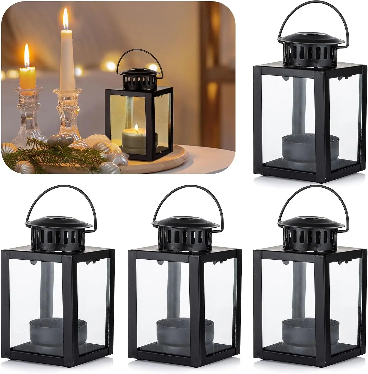 Set of 4 Small Black Decorative Outdoor Mini Hanging Lantern Candle Holder with Tealights & Glass, Farmhouse Indoor Decor for Table Centerpiece, Fireplace, Wedding, Christmas