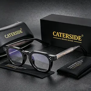 CATERSIDE Fashion Men's Glasses Square Thick Frame Retro Blue Light Glasses with Gold Temple Tips Ideal for Travel Beach Party Unisex Gift