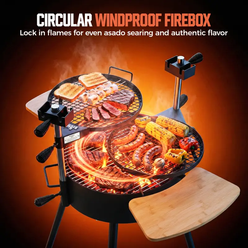 【Halloween Deals】BIG HORN Santa Maria Open Fire Grill, Portable Argentinian Metal Parrilla with 3-Zone Cooking, Trunk-Ready Legs,  Adjustable Height, 360° Rotating Grates, Rotisserie, Residual Heat Top, Charcoal Fire Pit for Outdoor Patio, Camping