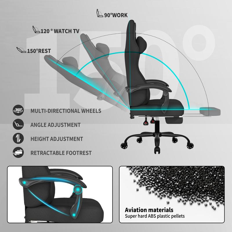 Gaming Chair, Big and Tall Gaming Chairs for Adults with Footrest and Lumbar Support, Comfortable Ergonomic Fabric Computer Chair 400 lbs, 360° Swivel, Height Adjustable Video Gamer Chair