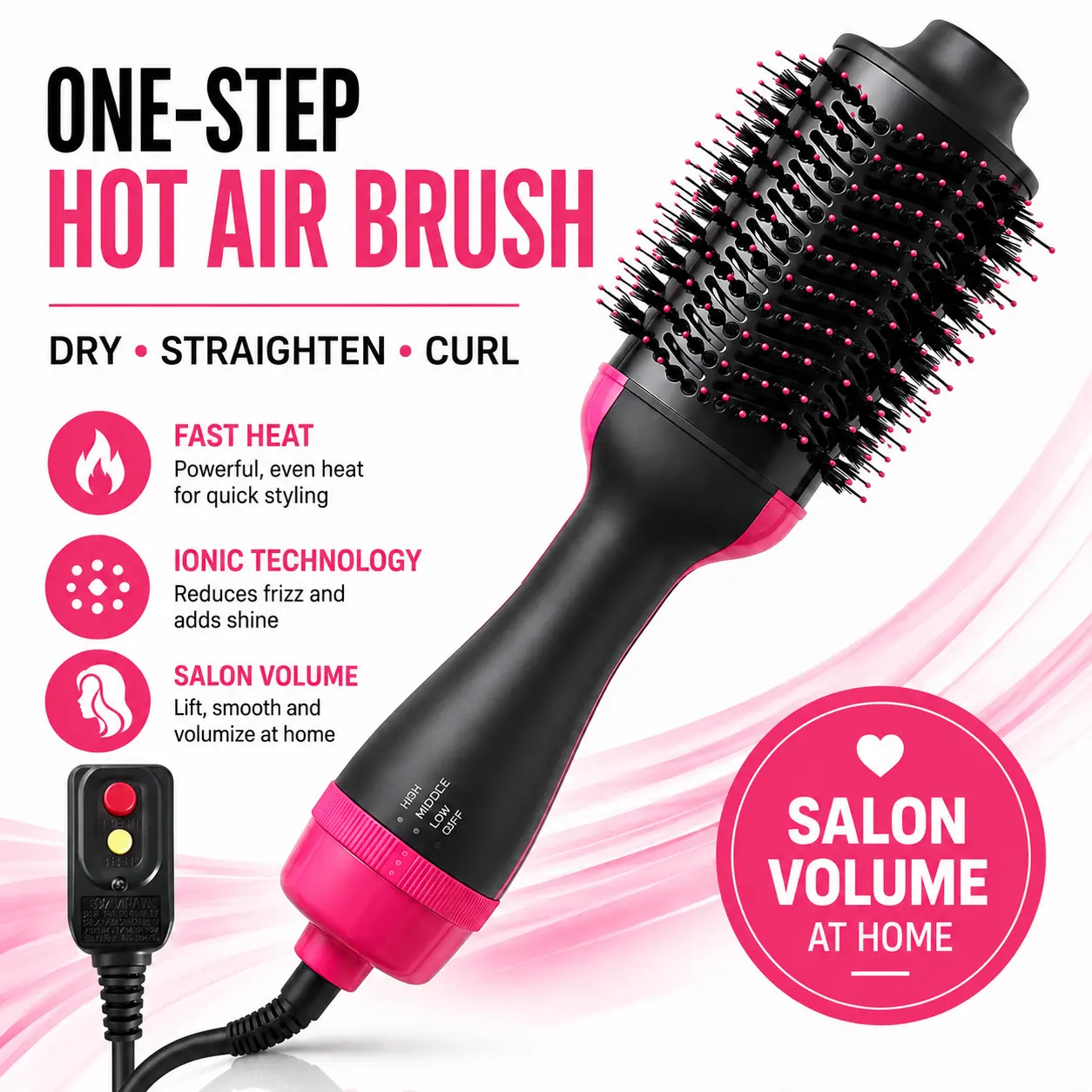 Professional One-Step Hair Dryer Brush with Ionic Hot Air Technology, Fast-Heating Blow Dryer, Volumizing Styler and Hair Straightening Comb for Smooth Drying, Straightening, Curling and Salon-Style Volume at Home