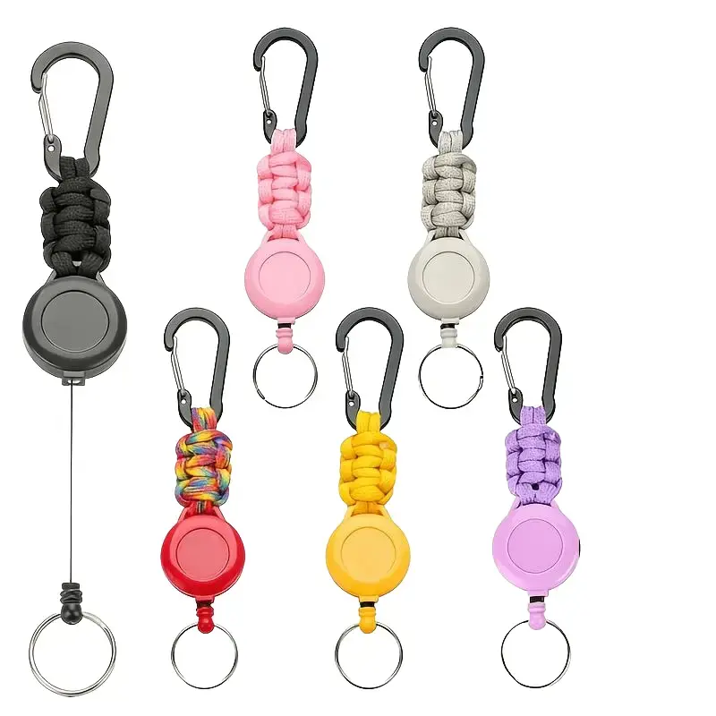 Hot Trend Paracord Braided Retractable Badge Reel Keychain Heavy Duty Steel Wire Anti-Lost Carabiner Key Ring Multicolor Outdoor Camping Fishing Hiking Tactical Gear Daily Work ID Holder Key Clip