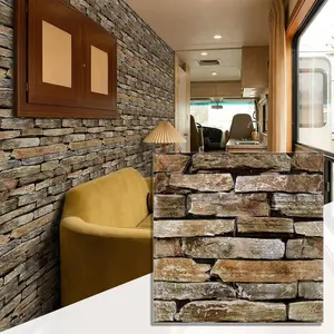 Commomy 10Pcs 3D PVC Faux Stone Foam Peel and Stick Wall Tile Self Adhesive Wall Sticker Panel for Fireplace, Kitchen, Living room,11.8" x 11.8"