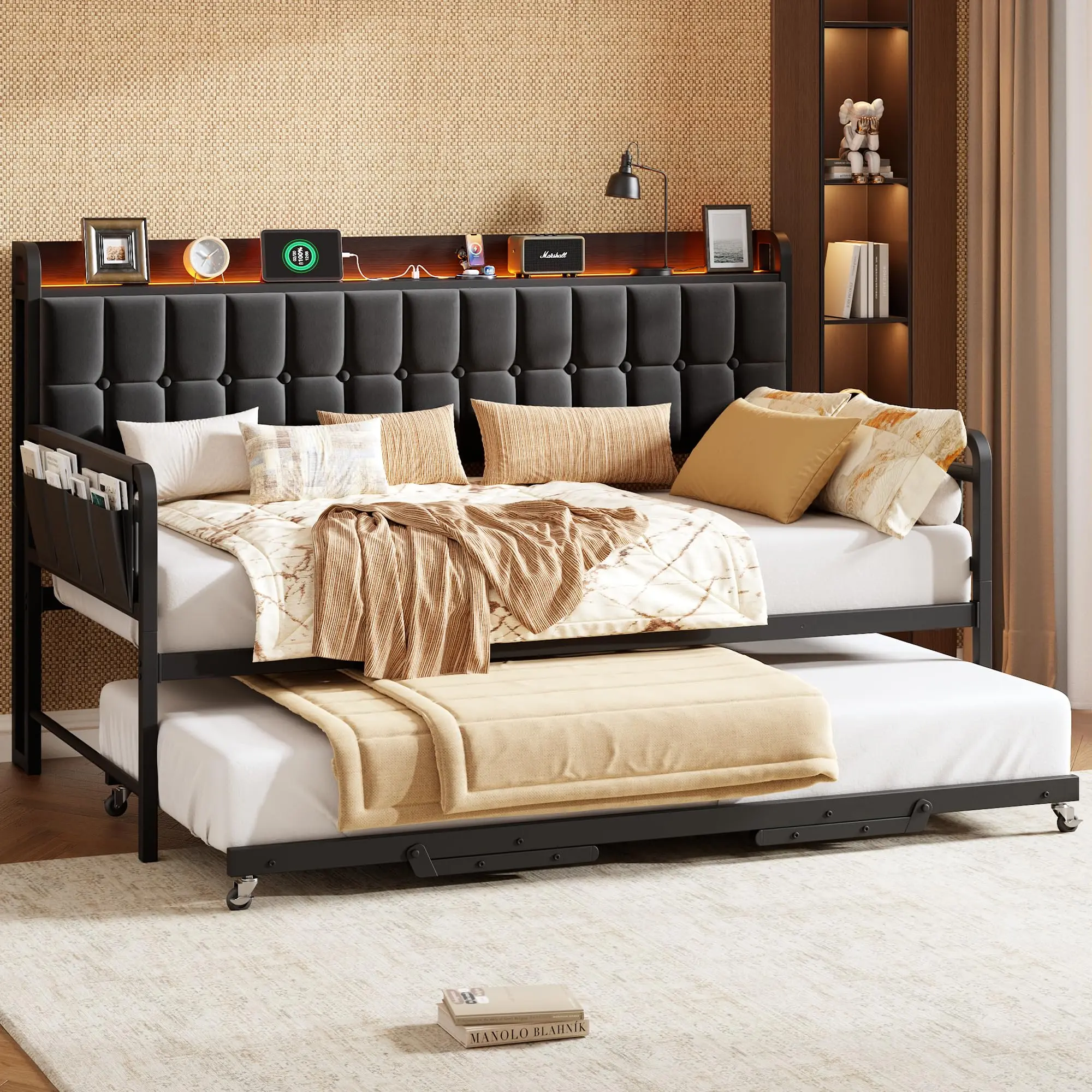 Twin Bed Frame Daybed with Trundle/ LED Light/ Charging Station, Upholstered Sofa Bed with Storage Headboard & Heavy Duty Metal Slats in Black/White