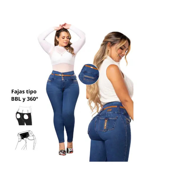 Premium Colombian jeans for women with a 360° waistband and BBL shaping panel, featuring a 5-button waistband with a push-up effect that enhances the buttocks, a slim fit with tummy control, and an elegant design that accentuates curves. Beautiful jeans