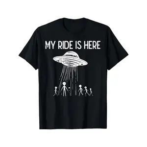 Funny Alien UFO "My Ride Is Here" Graphic Cotton T-Shirt, Vintage UFO Alien & Dog Print Casual Crew Neck Tee Ideal Holiday Gift