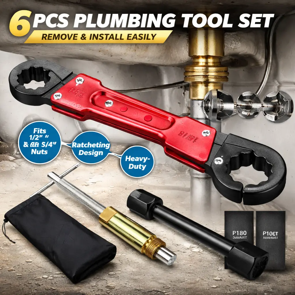 6-Piece Plumbing Tools Kit with Angle Stop Wrench & 1/2-Inch Compression Sleeve Puller – Professional Plumber's Wrench, Sandpaper & Storage Bag for Frozen or Corroded Angle Stops – Complete Repair Set for Faucet and Valve Maintenance