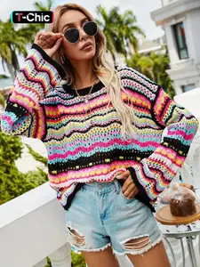 Women's Colorful Striped Print Hollow Out Drop Shoulder Knitting Sweater, Casual Long Sleeve Round Neck Jumper for Spring & Fall, Fashion Women's Knitwear for Daily Wear