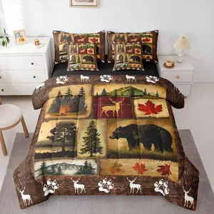 Bear Cabin Plaid 7 Piece Bed in A Bag Comforter Set,Rustic Barn Farmhouse Bedding Set,Retro Hunting Deer Sheet Set with Comforter Country Woodland Maple Leaf Lodge Quilt Duvet