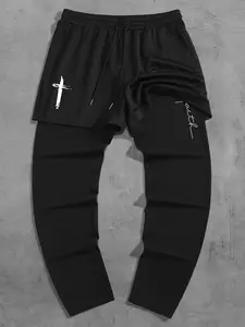 Men's Fashion Street Style Casual Sporty Letter Print Layered Sweatpants, Slim-Fitting All-Season Kint Fabric Joggers